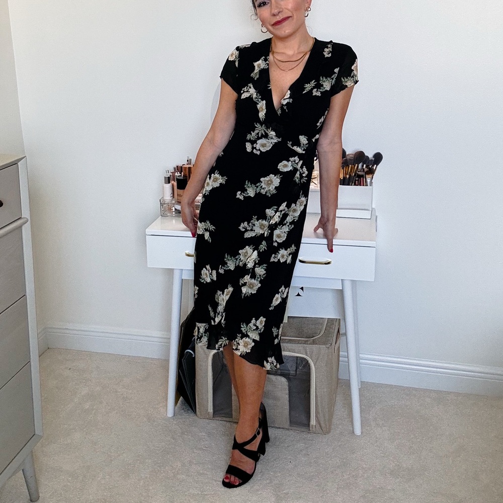 Bardot black short sleeve floral dress with ruffles backless MINI SNSET size XS